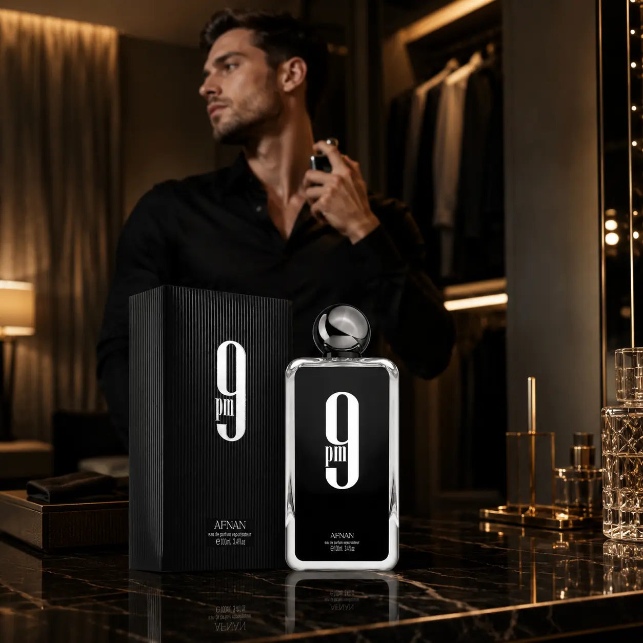 Afnan 9 PM Eau de Parfum for Men 100ml bottle with luxury black and gold packaging
