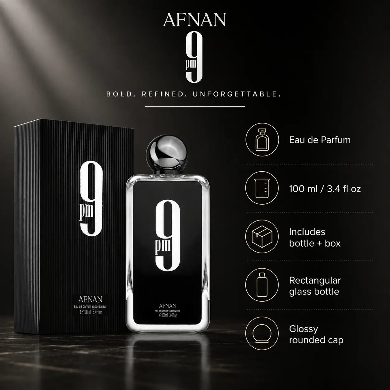 Afnan 9 PM Eau de Parfum for Men 100ml bottle with luxury black and gold packaging
